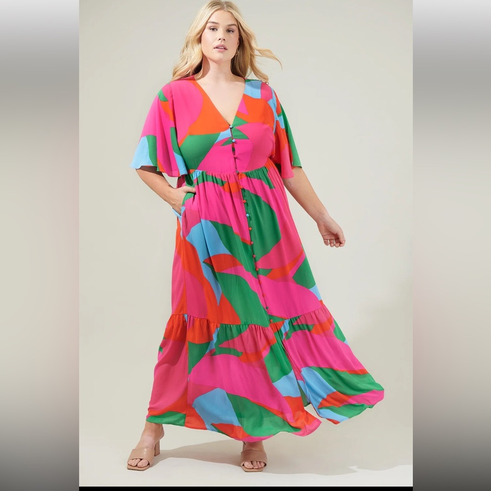 Preloved Sugarlips Milton Abstract Pismo Button Down Flutter Maxi Dress Size 2X